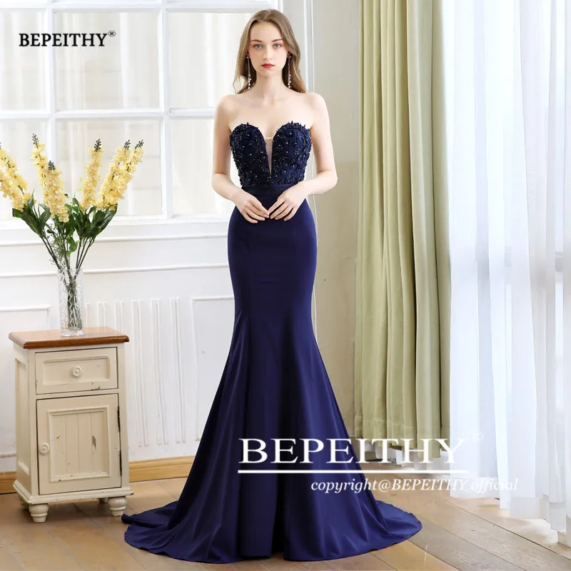 BEPEITHY Customized Strapless Sweetheart Mermaid Vestidos De Fiesta Sweep Train Lace Bodice Evening Dress Elegant Robe De Soiree