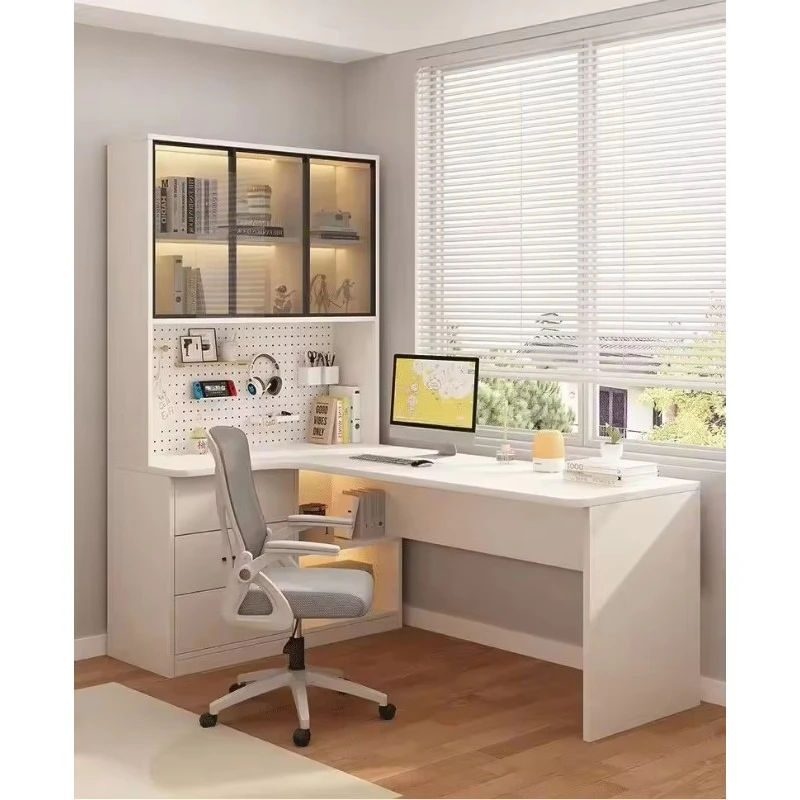 

Home Bedroom Writing Study Desk Integrated Bookshelf L-Shaped Wooden Office Computer Desk with Drawers