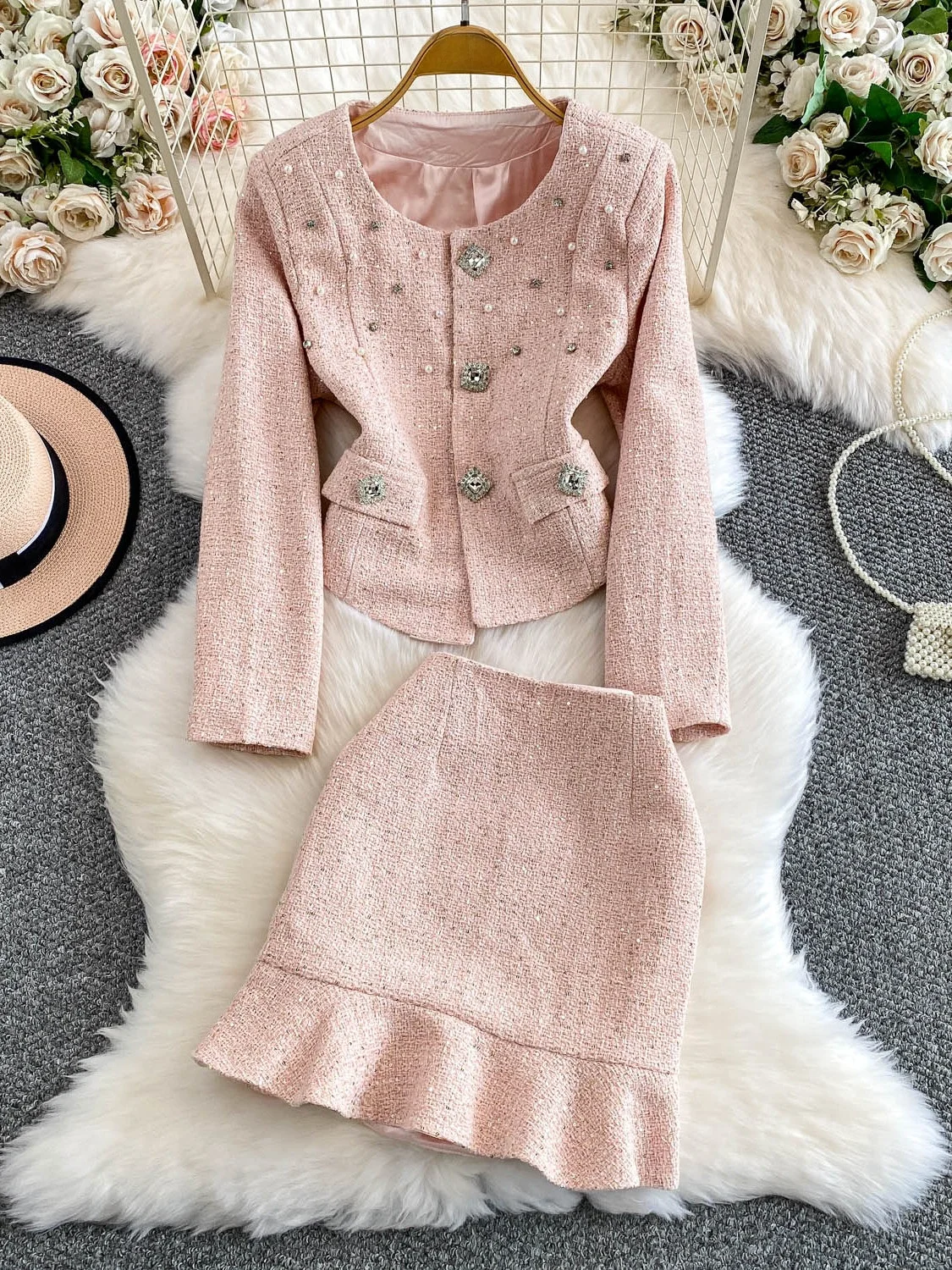 

Embellied Diamond Heavy Work Jaet Women's Gentle Wind Thiened Tweed Top Set Sequin Lace ort Skirt