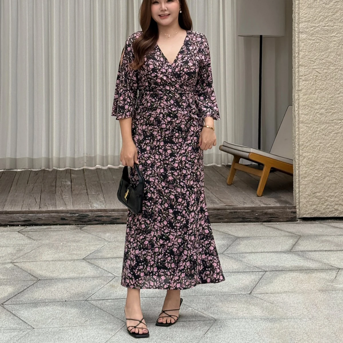 

Premium Ladies Boho Floral Mermaid Dress Plus Size Curvy Women Cross Waist Tie Design Elegant Vacation Party Maxi Dress 9434