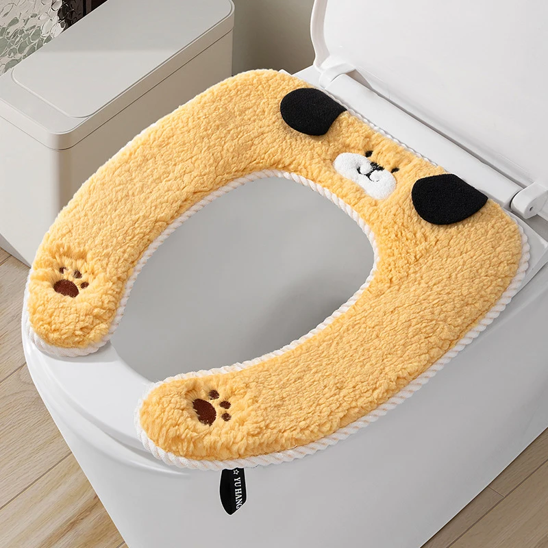 

{MX} Cute Black Ears Dog Toilet Seat Cover Thickened Plush Soft Toilet Seat Cover Autumn Winter Toilet Seat Gasket Cushion