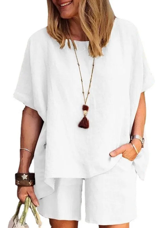 Frauen Sommer Zwei-stück Set Lose Oansatz Kurzen ärmeln Top Elastische Taille Shorts Casual Einfarbig Straße Anzug