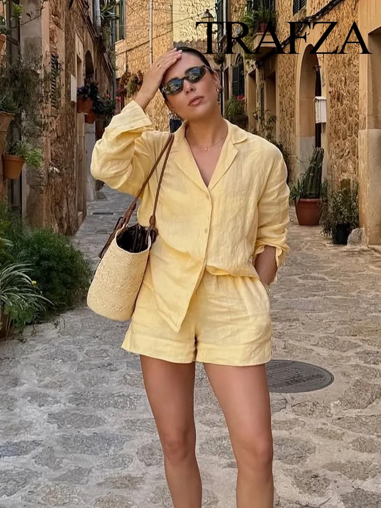 

TRAFZA Women Casual Shorts Suit Lapel Single-Breasted Long Sleeves Shirt Top+Summer Elastic Waist Pocket Design Elegant Shorts