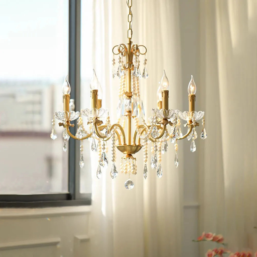 French luxury crystal chandelier European villa living room bedroom French retro pearl chandelier all copper candle decoration