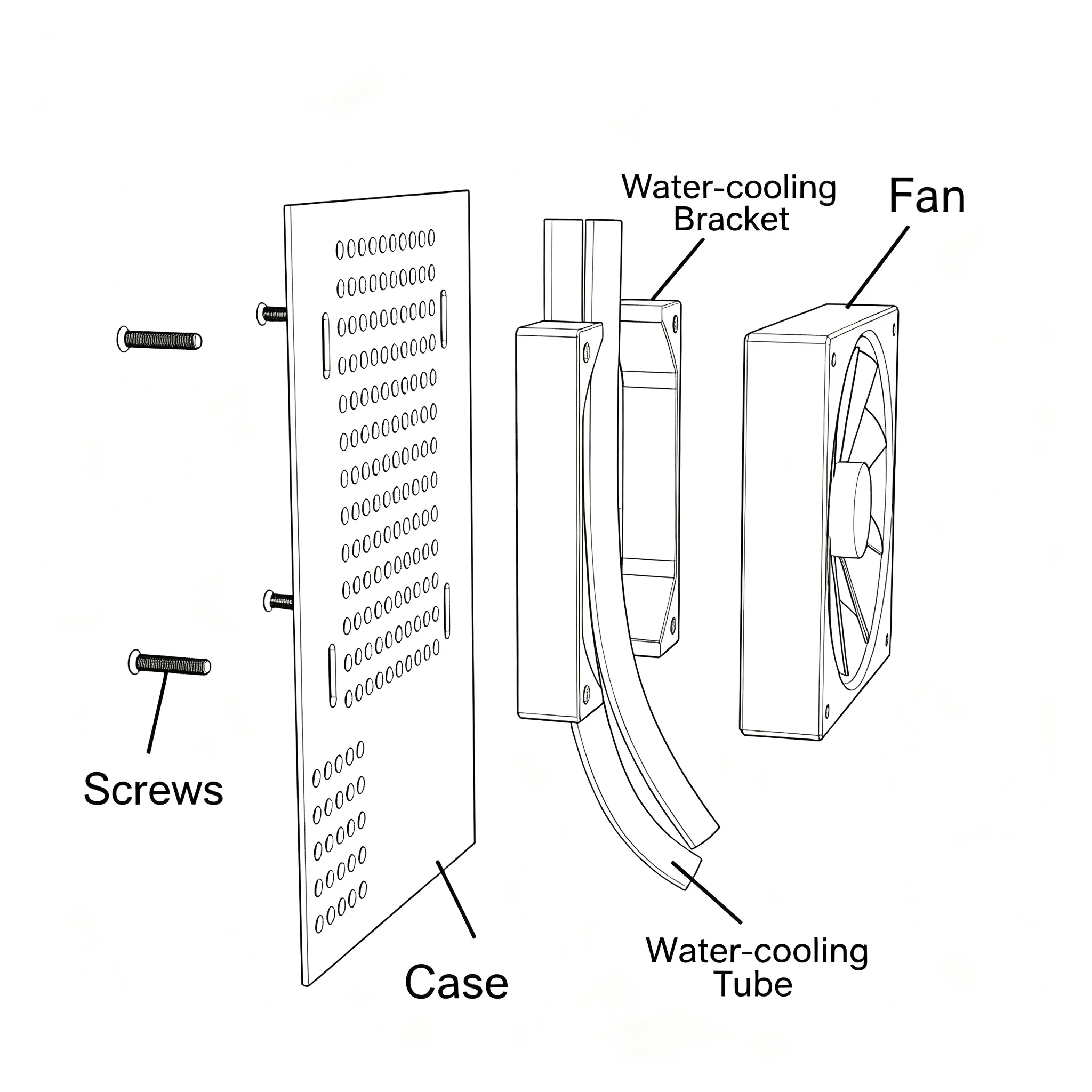 The water-cooling tube is elevated by using a raised bracket. The computer case fan is elevated by using a raised bracket