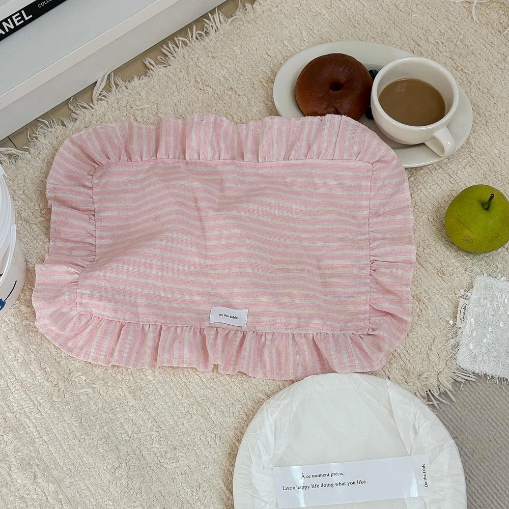 French Retro Cotton Placemats Stripe Ruffle Lace Tablecloth Minimalist Placemat Coffee Table Mat Home Desktop Decoration Coaster