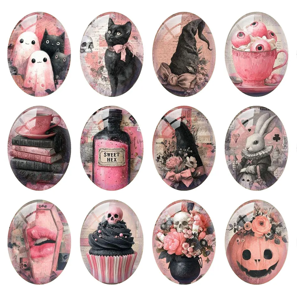 Random Mixed Round/Oval/Square Pink Dark Witch Magic Gothic Photo Glass Cabochon Flatback Demo Cameo For Diy Jewelry Making