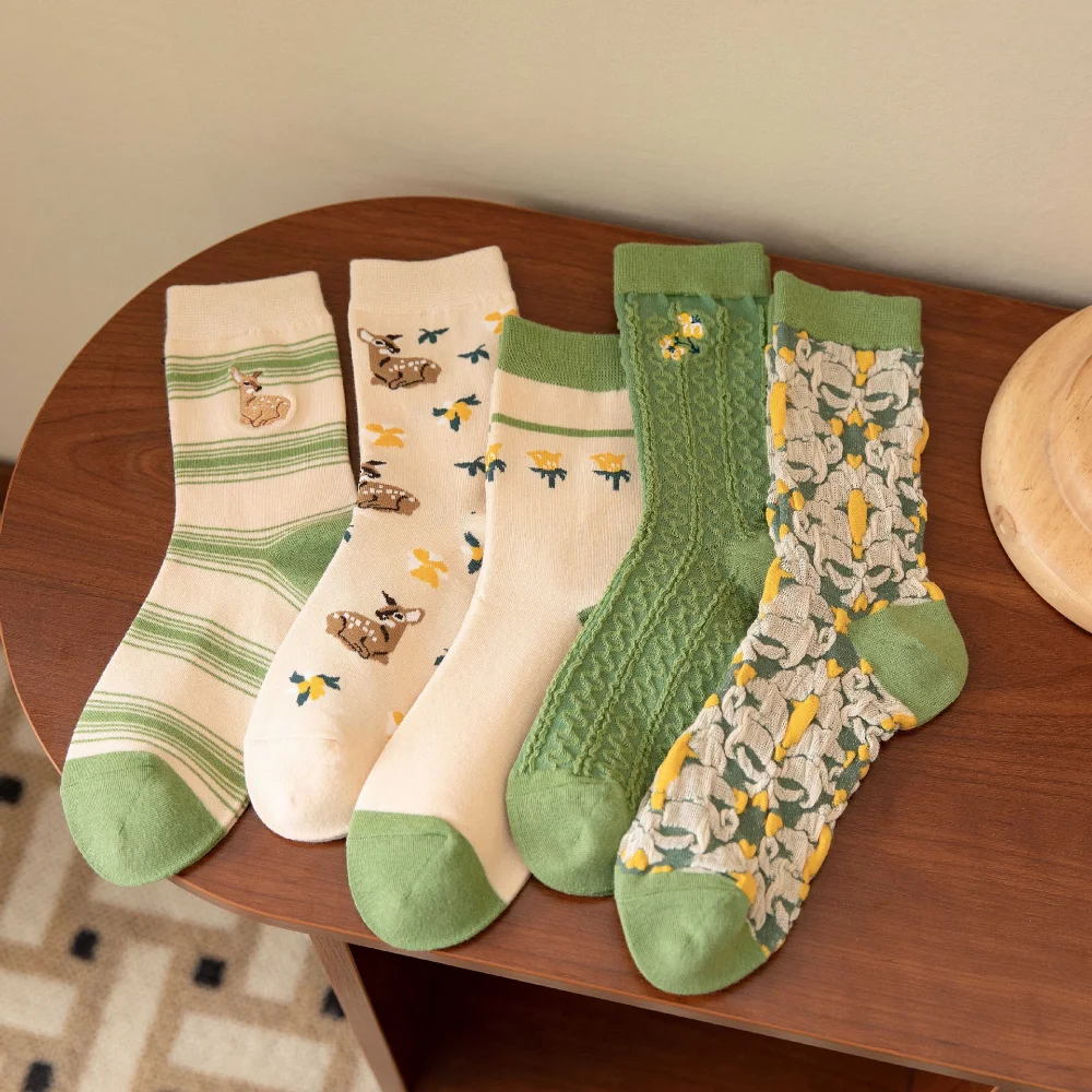 

1Pair Green Short Socks For Women Cute Medium Flowers Print Sweet Style Skin-Friendly Comfortable And Breathable Pure Cotton New