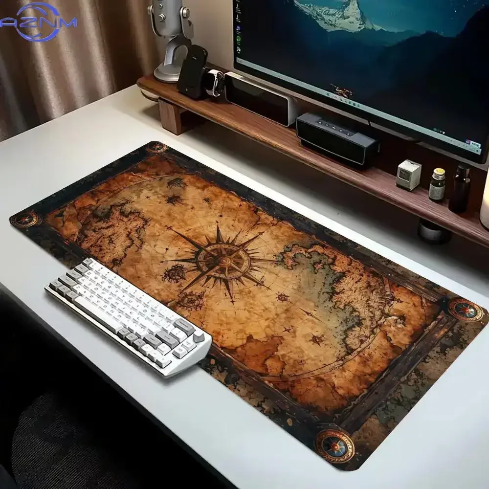 Vintage Compass World Map Large Gaming Desk Mat Non Slip Rubber Mouse Pad Stitched Edge Keyboard Mat Laptop Game Accessory