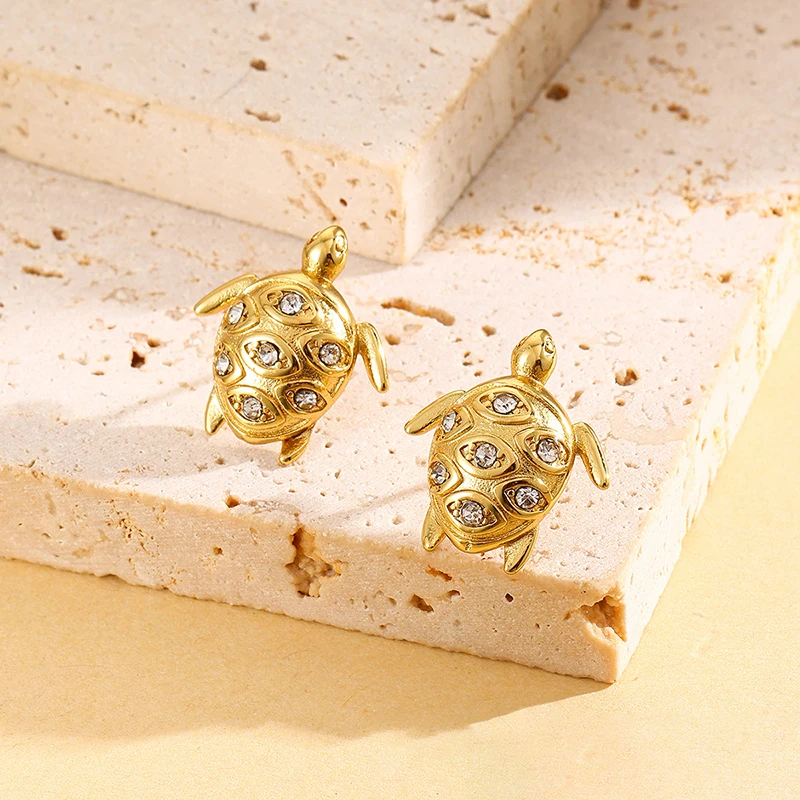 EILIECK 316L Acciaio Inossidabile Color Oro Tartaruga Zircone Orecchini con perno Per Le Donne di Modo Impermeabile Orecchio Gioielli Ragazze Regalo