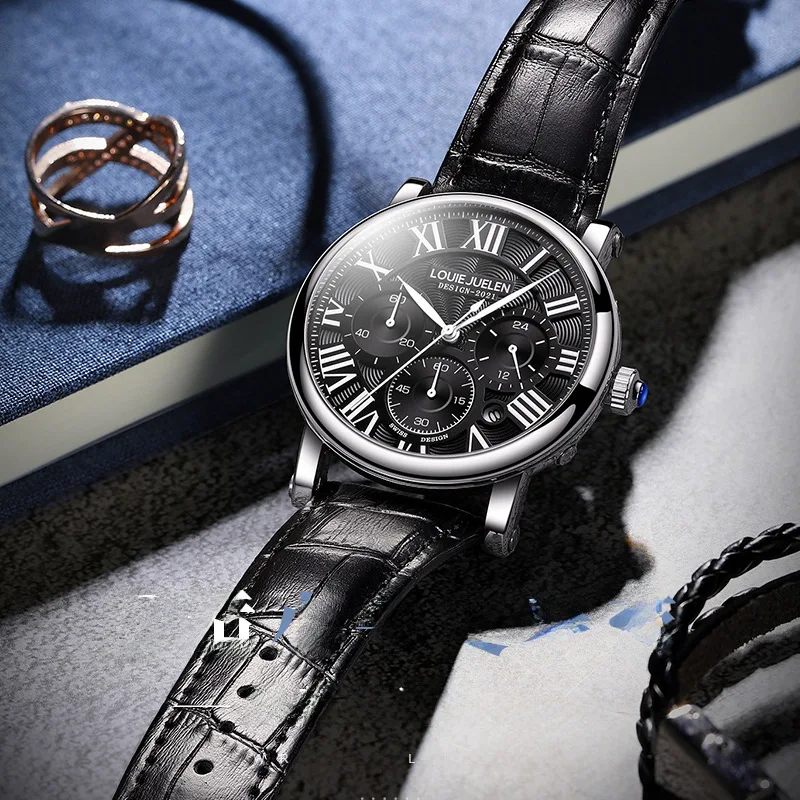 ใหม่ Cross-Border Hot นาฬิกากันน้ํามัลติฟังก์ชั่นนาฬิกาผู้ชาย High-End สายหนังแท้ควอตซ์นาฬิกาผู้ชาย