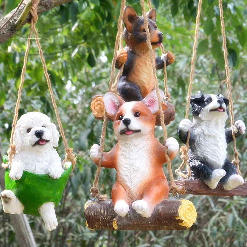 Simulation Border Collie Teddy Labrador Corgi Swing Dogs Resin Decorations Homestay Villa Ornaments Garden Tree Sculpture Crafts