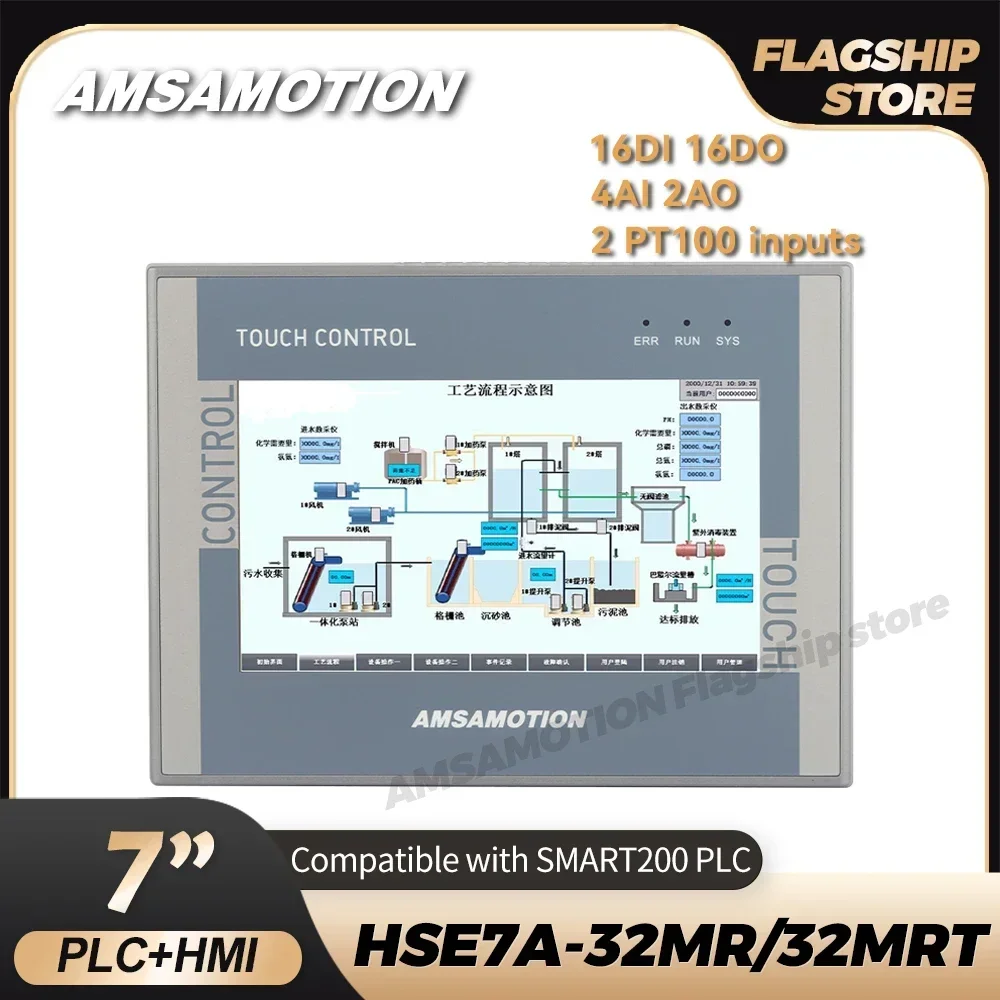 AMSAMOTION S7-200 Ethernet pintar, 7 inci HMI PLC Ethernet semua dalam satu 16DI 16DO 4AI 2AO pengontrol layar sentuh PT100 SMART200