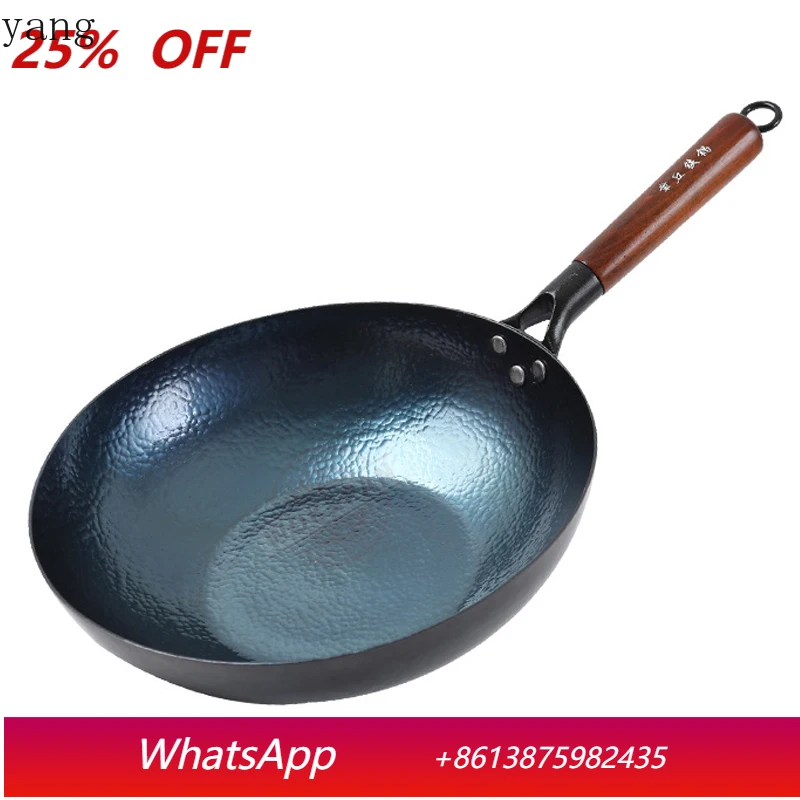 30cm Iron Wok Pan,Chinese Traditional Hammered Iron Wok with Wooden Handle,2mm Thickness,Uncoated Kitchen Cookware,Frying Pan