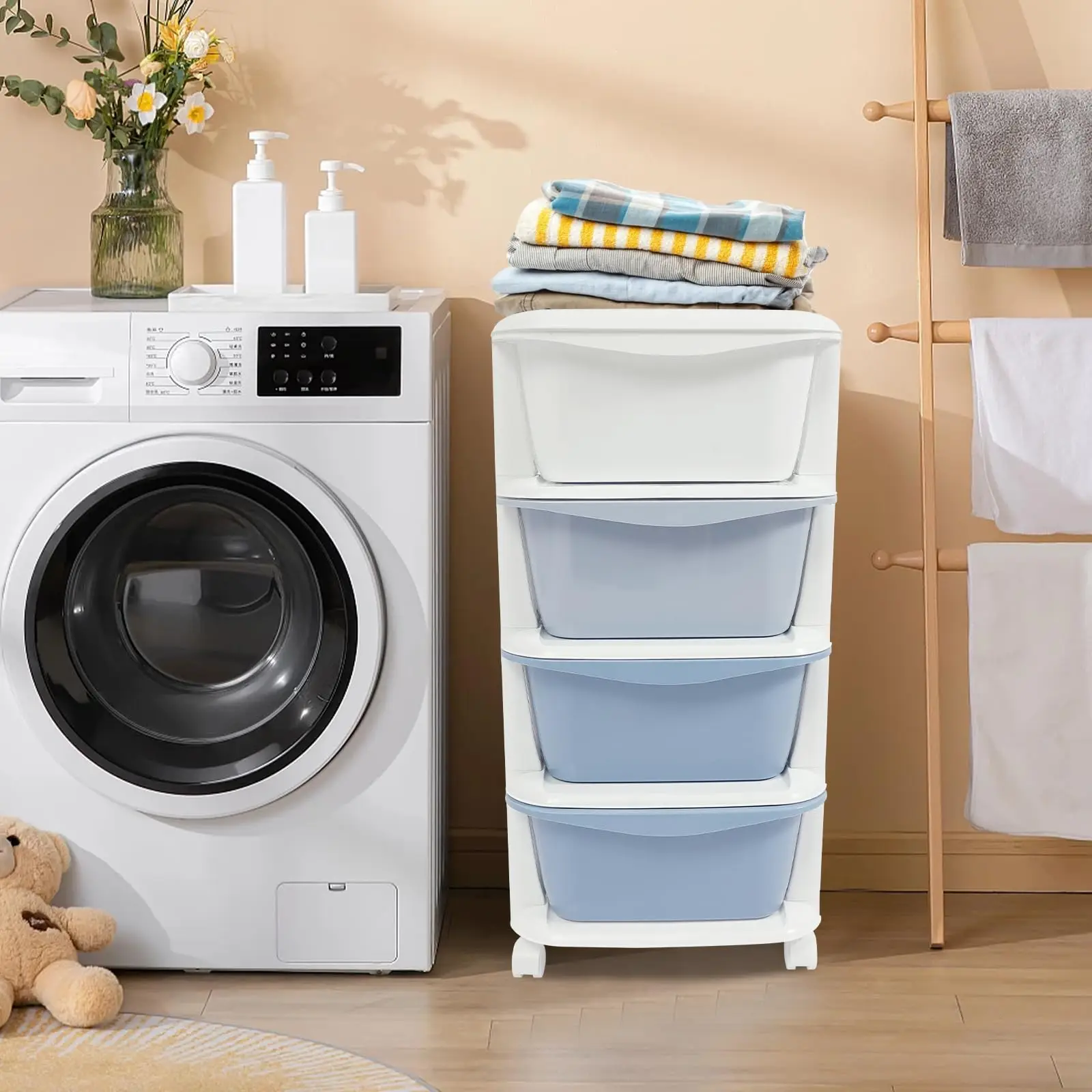 4 Tier Rolling Storage Drawer Cart, Plastic Storage Trolley with Wheels 4 Drawer Organizer Bins Utility Cart for Living Room Bat