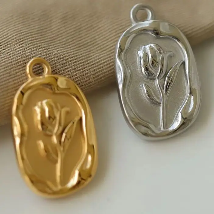 1pcs Titanium Steel Gold-plated Oval Relief Tulip Charms Pendant For Jewelry Making DIY Bracelet Accessories Findings