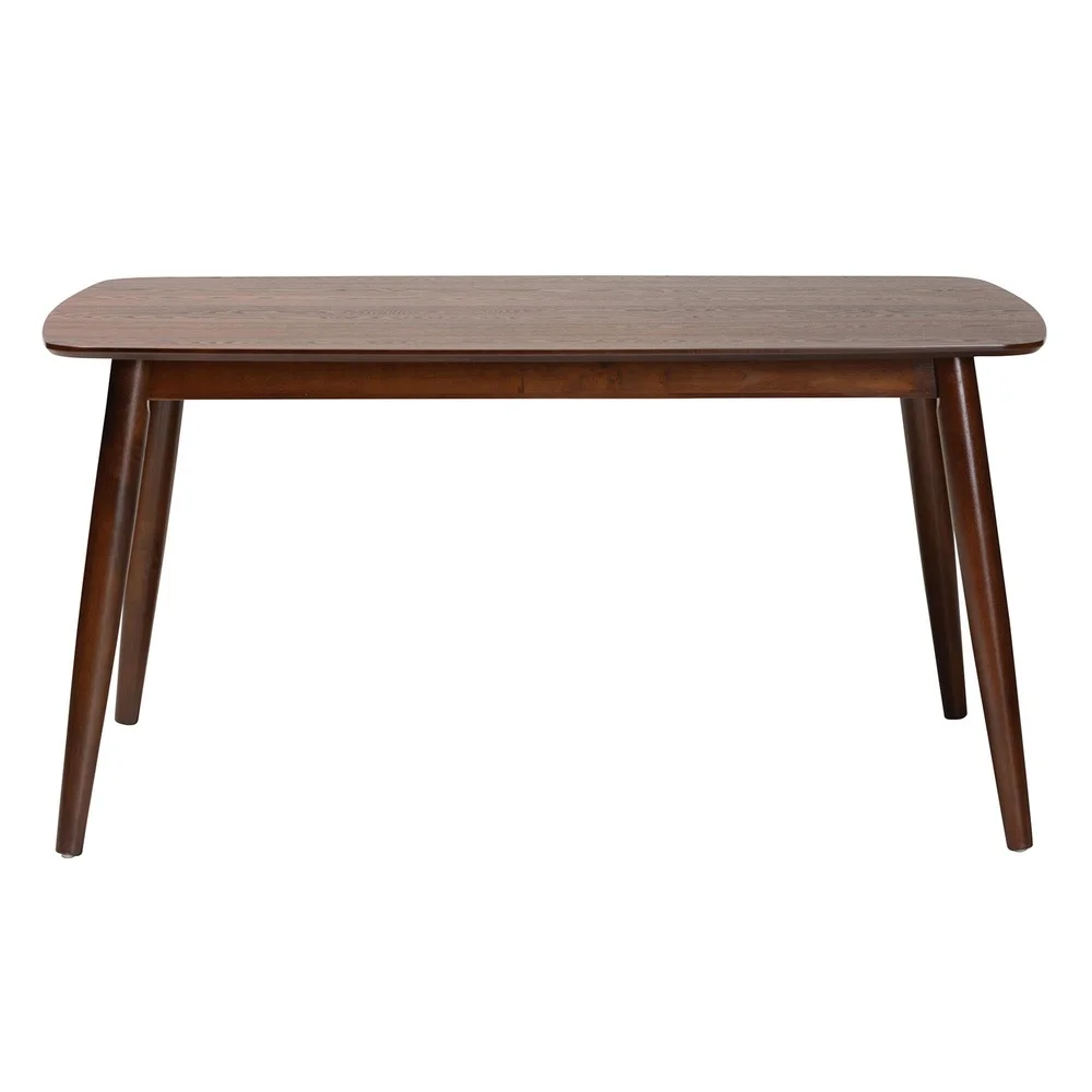 Mid-Century Modern Walnut Brown Wood Dining Table Rectangular Top Six Indoor Use Angled Legs Assembly Required Elegant