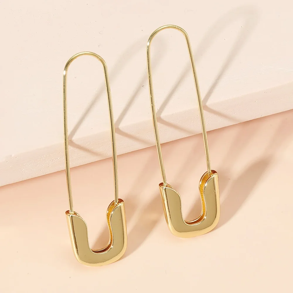 DGIDDK Simple Safety Pin Shape Leverback Earrings Female U-Shaped Gold-Plated Lock Pendant Hollow Earrings Jewelry Accessories