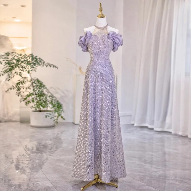 Purple Sparkly Sequin Off Shoulder Evening Dresses Crystal Formal Dress For Women Elegant Wedding Party Birthday Prom Ball Gown