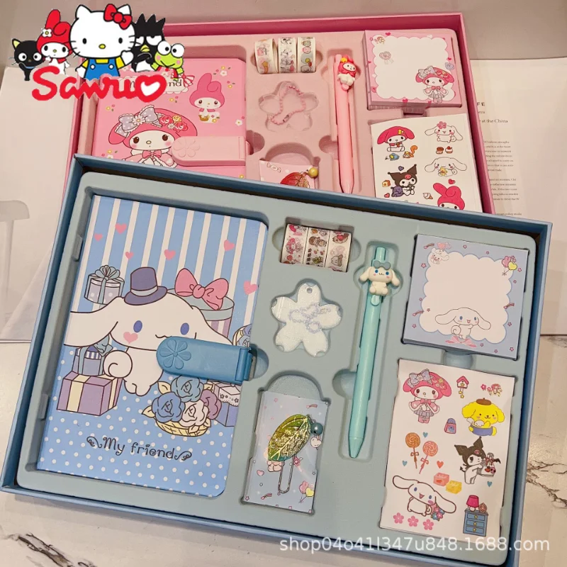 Sanrio Melody Kuromi Cinnamoroll Handbook Set Cute Girly Heart Stationery Set Guka Sticker Password Notepad Gift Box 30.5*23.2cm