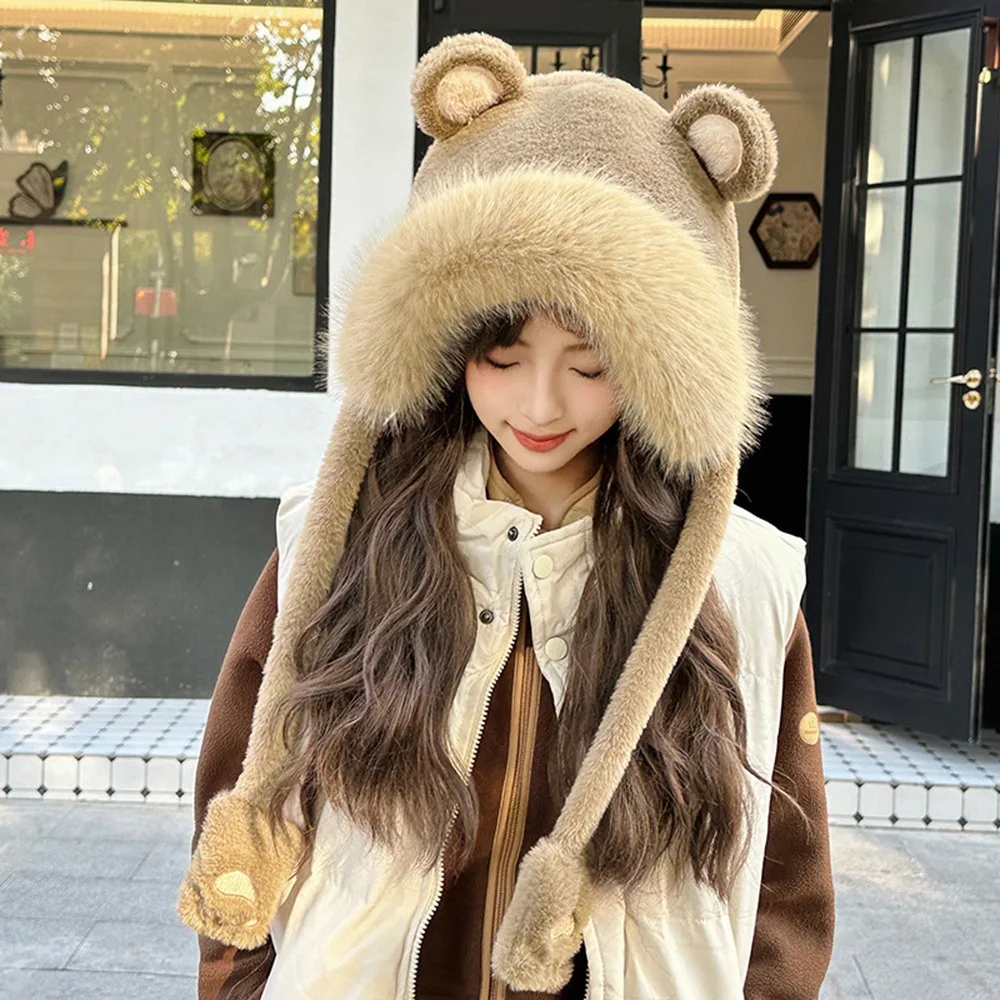 

Casual Winter Warm Hat Windproof Thickened Ear Protection Hat Bear Ear Earflap Bonnet Hat for Women Girls
