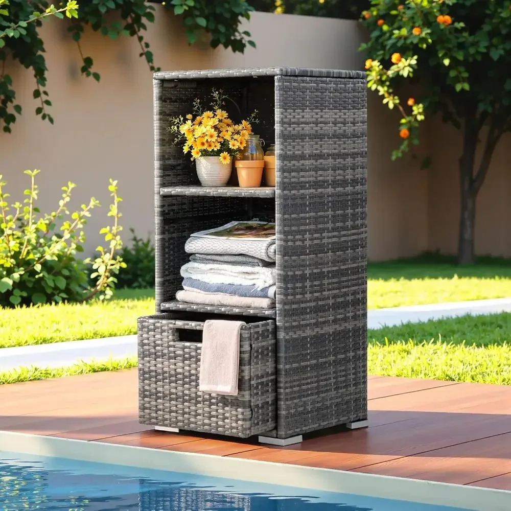 Grey Outdoor Rattan Storage Shed with 2 Shelves and Bottom Drawer for Pool, Patio, Garden, and Deck