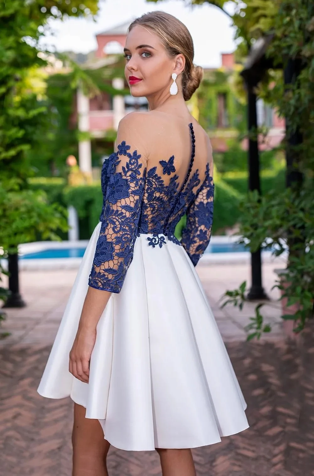 Customized Sexy backless evening dress Sheer neckline decal back seven quarter sleeves sweet graduation cocktail ball dress