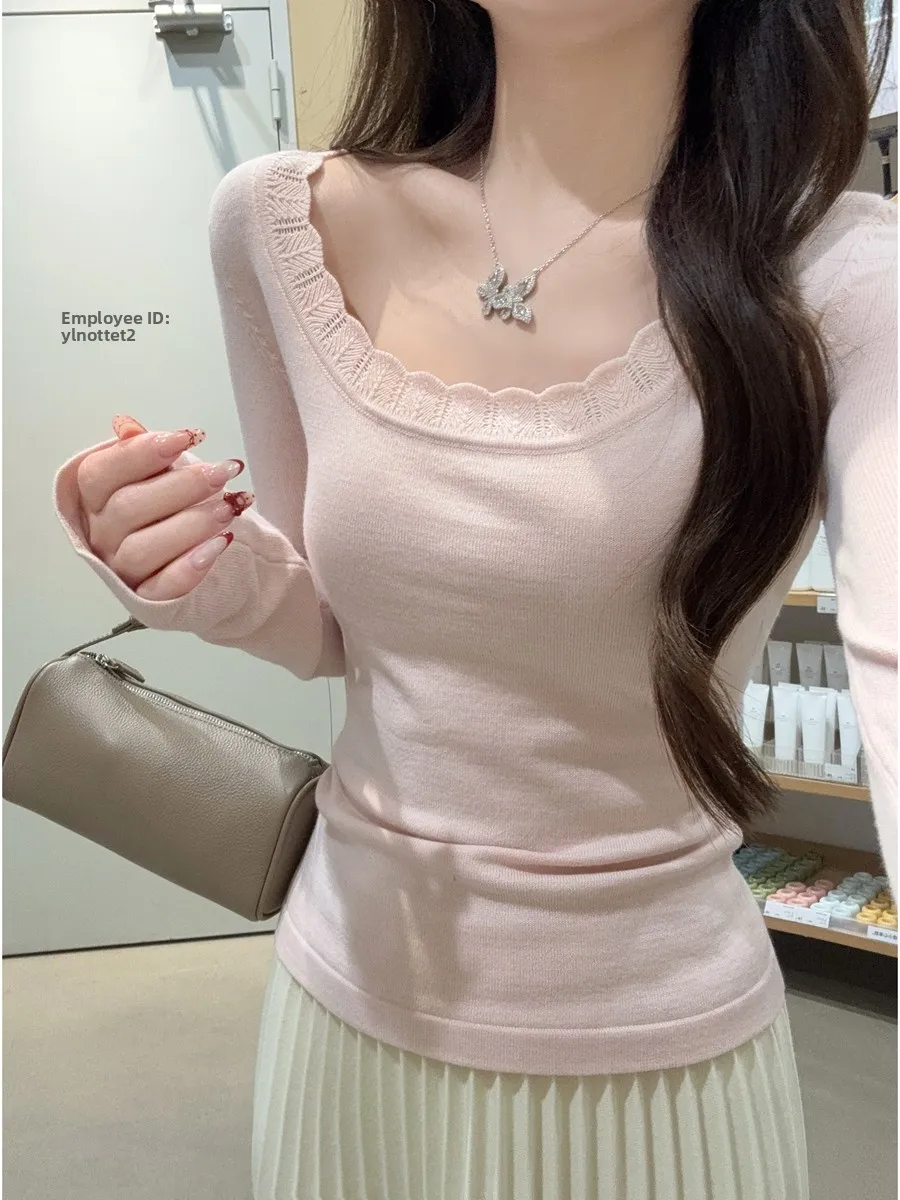 

Корейский женский вязаный топ с U-образным вырезом и длинными рукавами, облегающий, базовый, весенняя новинка, универсальный, с цветочным принтом, Pure Desire