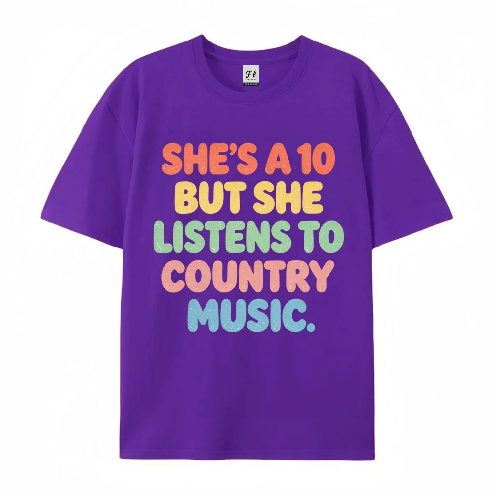 Women  Shes A 10 But She Listens To Country Music Letter Print T Shirt Oversized Short Sleeve Cotton Summer Purple Loose Tops