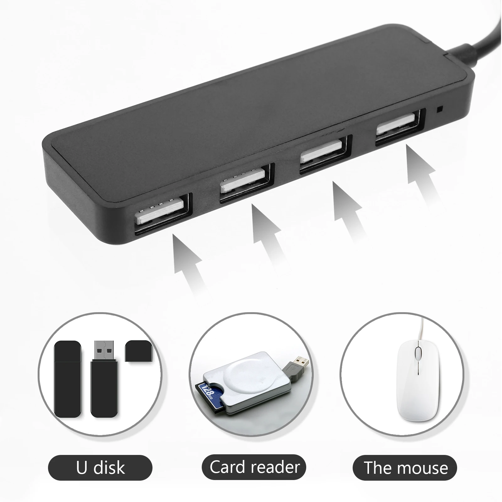USB Hub 1 to 4 Ports Ultra Plastic Cable Adapter Thin Splitter Black Plastic Durable Lightweight Computer Accessory Adapter
