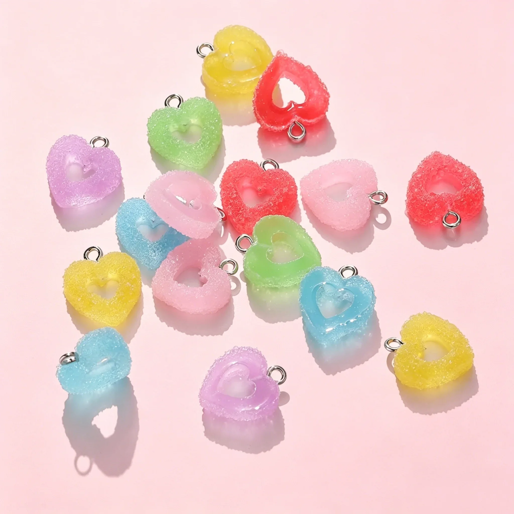 10Pcs Colorful Sugar Coated Heart Candy Resin Pendants, Kawaii Soft Sweets Charms for DIY Jewelry Making Findings