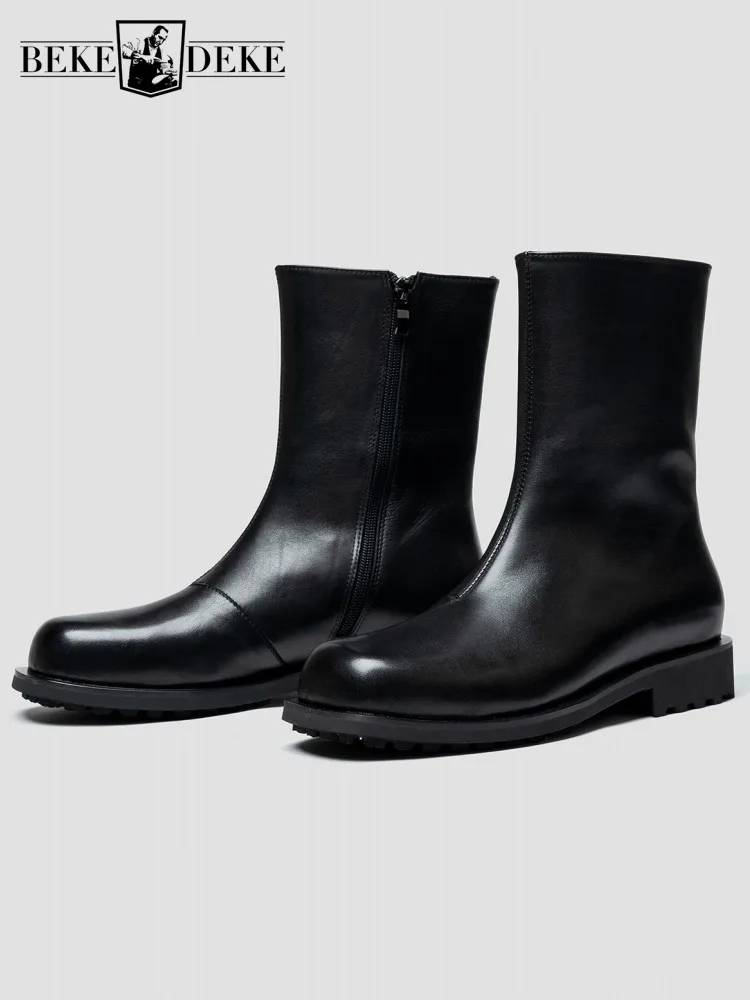 British Style Male Cowhide Zipper Square Toe Derby Boots Winter Fashion Solid Color Genuine Leather Mid Heel High Top Shoes