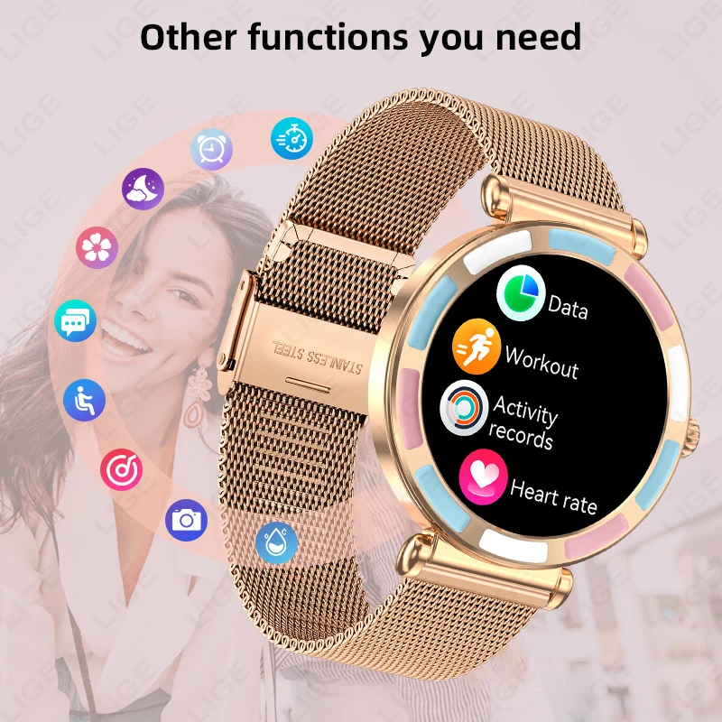 LIGE Fashion Smartwatch النساء 1.27 "HD شاشة سوار السيدات معدل ضربات القلب الرياضة مقاوم للماء بلوتوث دعوة الموسيقى امرأة ساعة ذكية