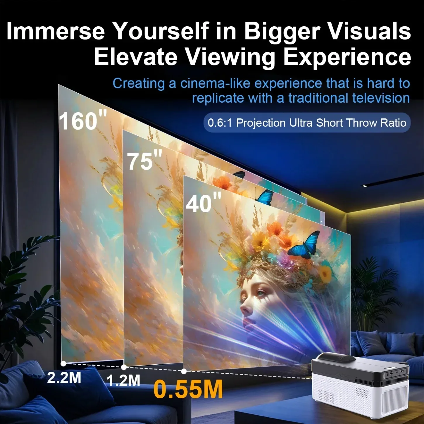 Projetor 900ANSI Android 11 8K 4K HY450 BT5.4 WiFi6 Ultra Short Throw Auto Offset Foco Eletrônico Projetor de Home Theater