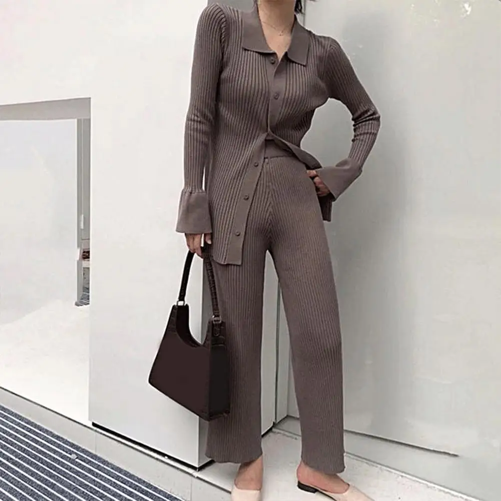 2 Pcs/Set Trendy Spring Coat Pants Set Buttons Women Sweater Trousers Suit Long Sleeves Elastic Waist Women Coat Pants Set  Warm