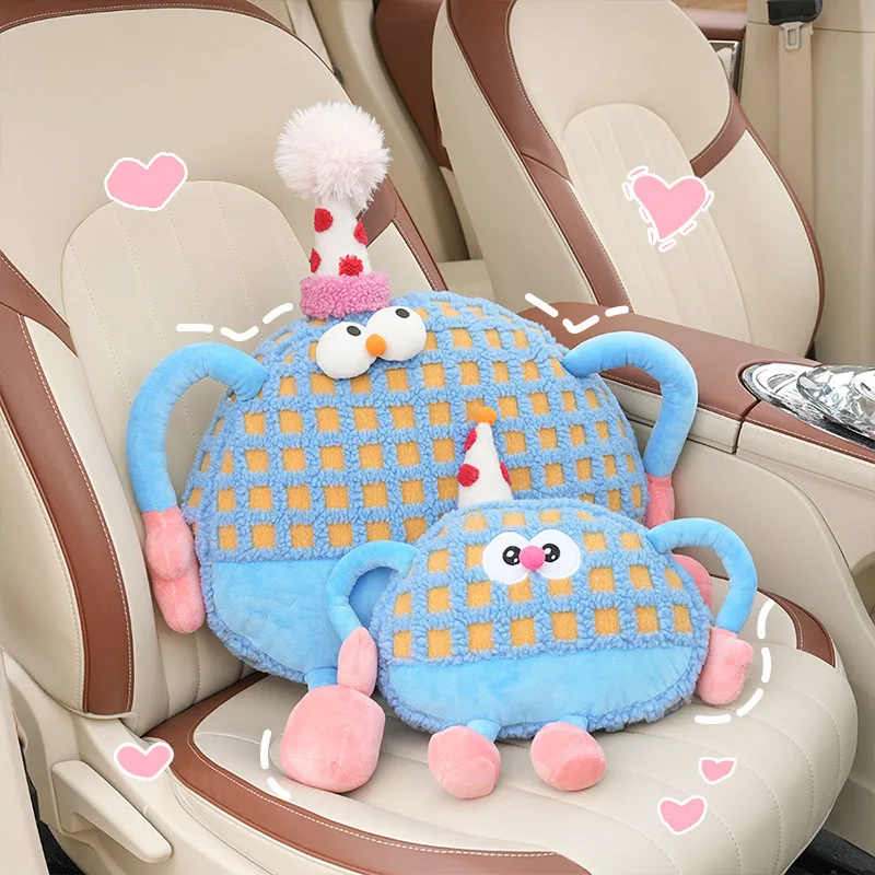 Car Plush Little Monster Headrest Cartoon Cute Car Comfortable Neck Pillow Lumbar for Girls Pink Playful Car Lumbar Accessories