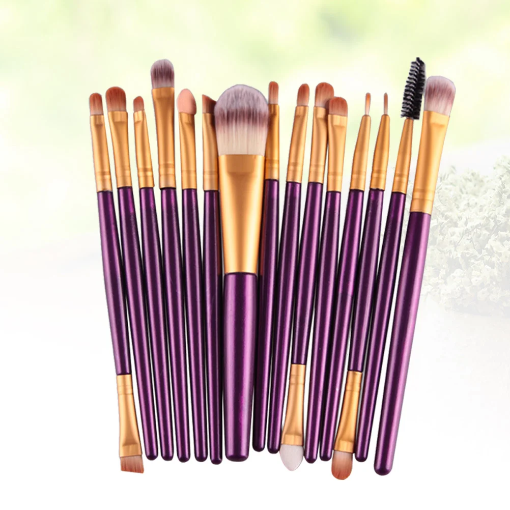 Set di pennelli per trucco professionale da 15 pezzi Setole in nylon morbido Manico in plastica Aspetto naturale per trucco per donna Viola dorato