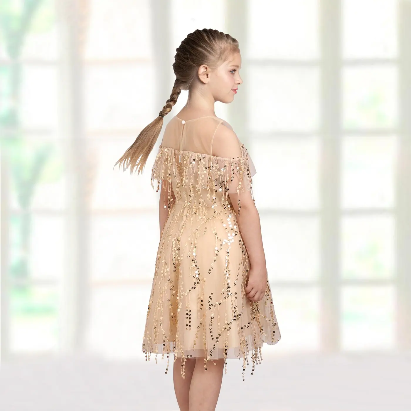 Girls Dress Off Shoulder Sequin Stripe Vintage Flapper Glitter Dress