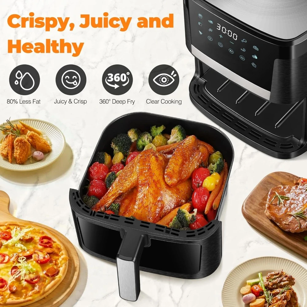 Grande Capacidade Oilless Oven Air Fryer, Air Fryer com 12 Presets, Visível Janela de Cozinha, LCD Touch Screen, 1700W, 7.5 QT