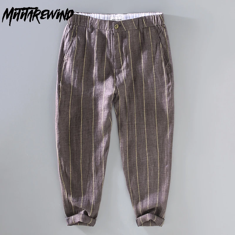 Summer Man Pants 100% Linens Pants Breathable Causal Baggy Pants Japanese Vintage Striped Nine Point Pencil Pants High Quality