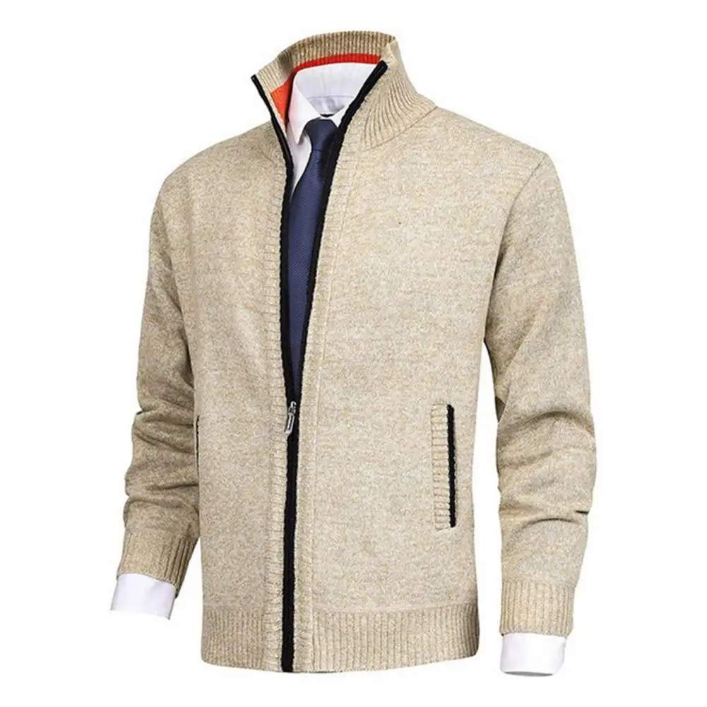 Men Knitted Coat Male Knitting Cardigan Coat Stand Collar Men Cardigan Side Pockets Zipper Placket Ribbed Cuffs Knitting Coat