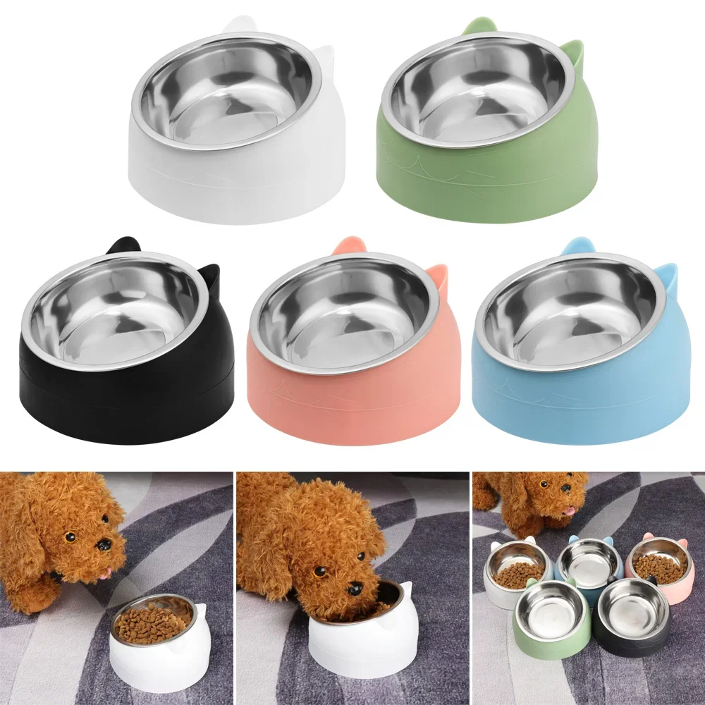 200ml Cute Cat Dog Bowl Protect Cervical Spine Oblique Mouth Pet Stainless Steel Resistant Durable Food Bowl Supplies