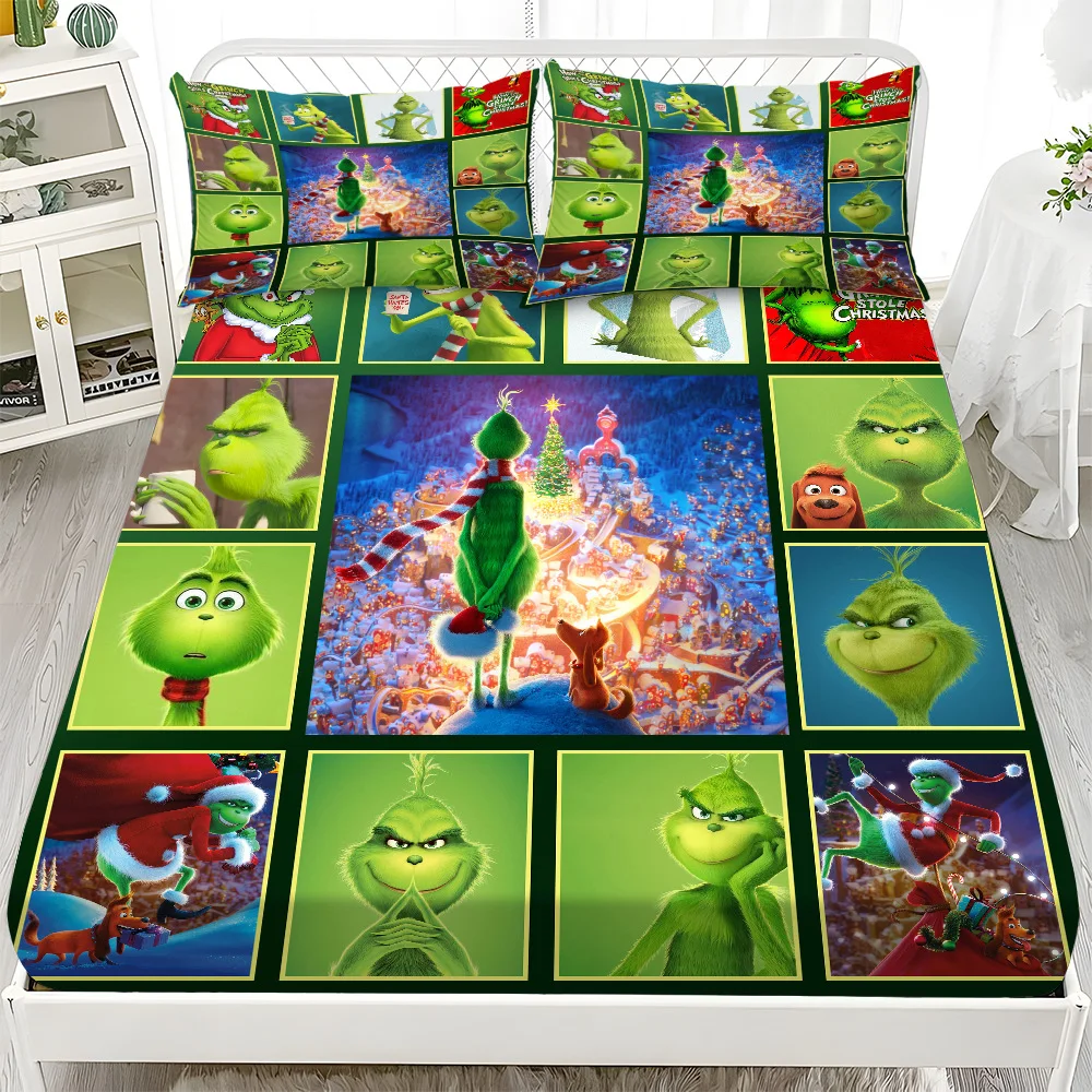 Image of Niedliches Spannbettlaken mit Weihnachtsmotiv für Erwachsene und Kinder, The G-GrinchS Spannbettlaken mit Kissenbezug, 50 x 75 cm, verschiedene Größen, Schlafzimmer-Bettbezug