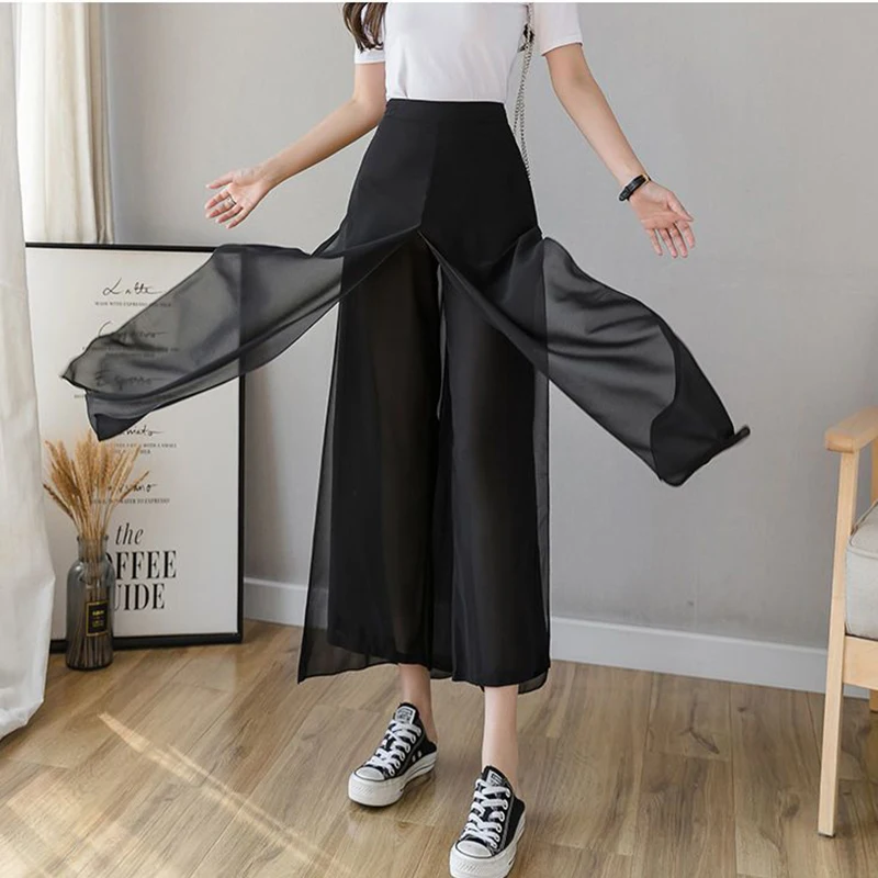Fashion Spliced Chiffon Fake Two Pieces Wide Leg Pants Female Clothing Summer New Loose Casual Elastic High Waist Pants