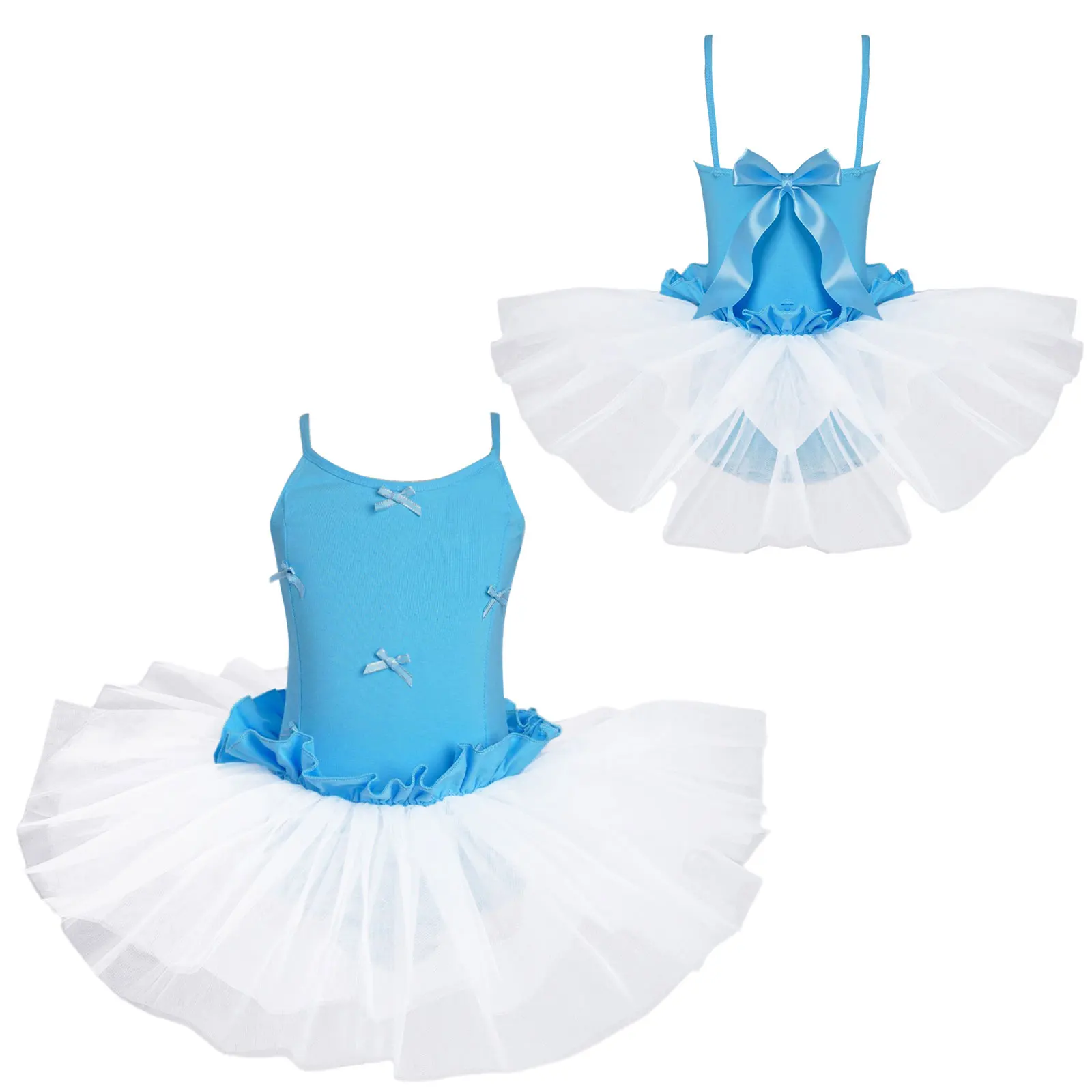

Kids Girls Cute Ballet Dance Dress Bowknot Mesh Dance Practice Jumpsuit Performance Costume Spaghetti Straps Ruffles Tutu Dress