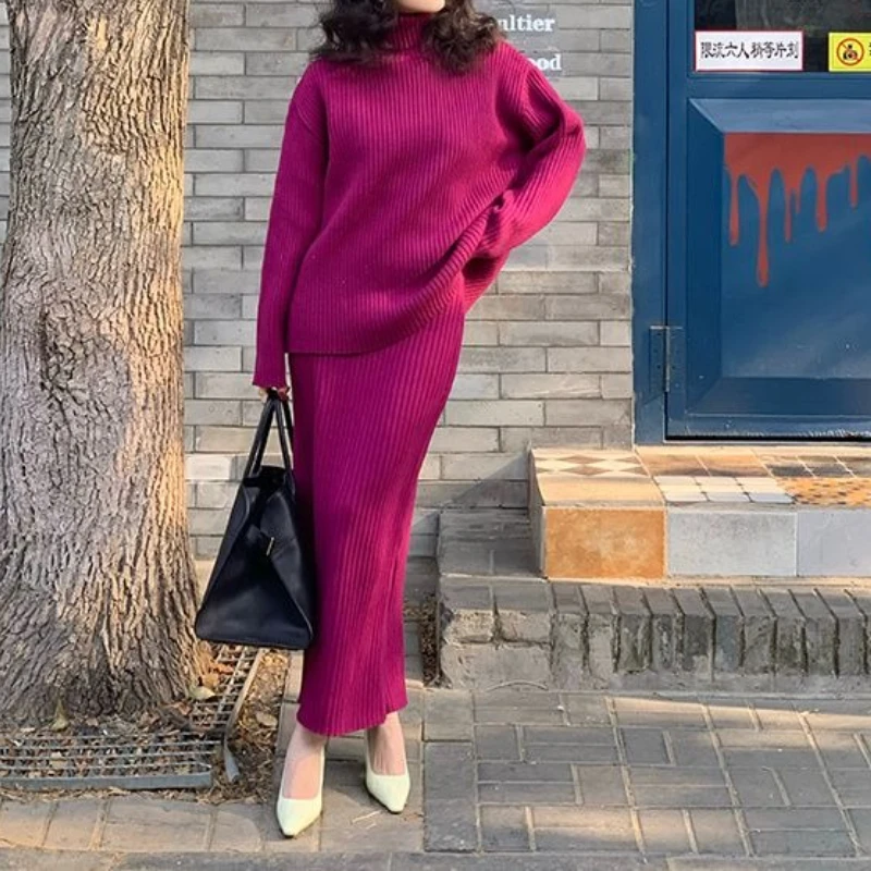 

Retro High Neck Sweater Two-piece Set for Women's Autumn and Winter New High Waisted Hip Hugging Half Skirt Knitted Sweater Set