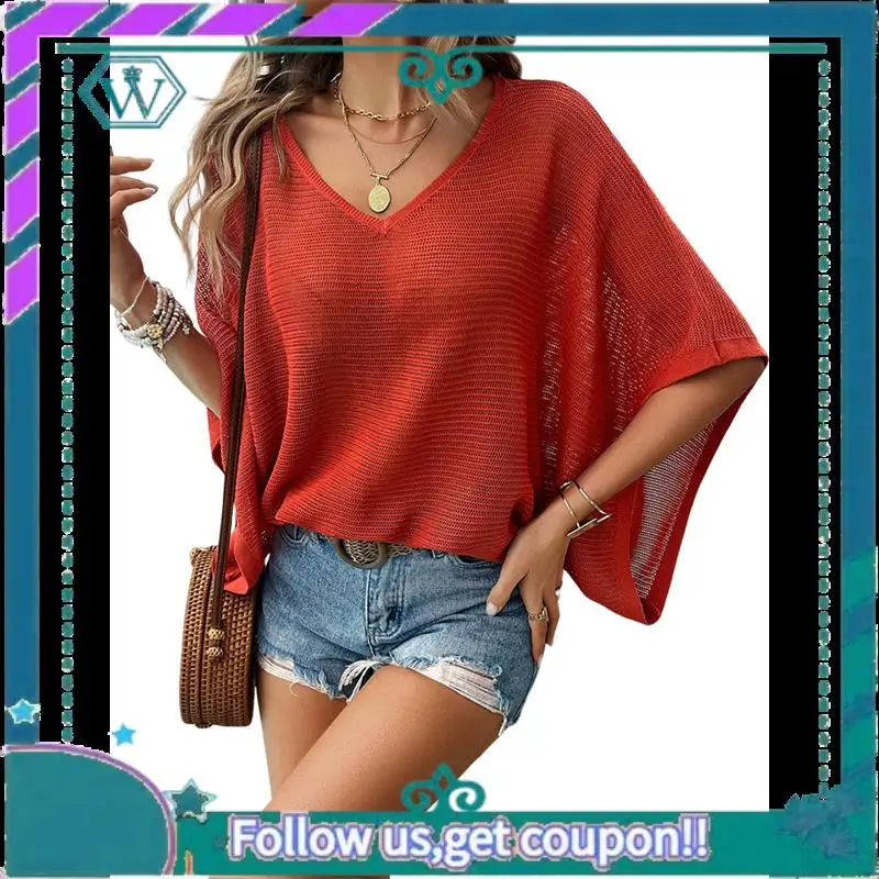 

A09P Womens V Neck Waffle Knit Loose Fit Shirts Short Sleeve Summer Casual 2025 Trendy Blouses Y2K Plain Tees