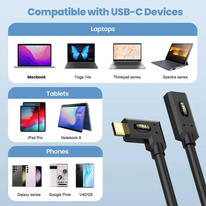 

1 м USB4 4,0 90 градусов колено Type-c между мужчинами и женщинами удлинительный кабель 8K60HZ Lightning Многофункциональный 240 Вт 5A 40 В быстрая зарядка
