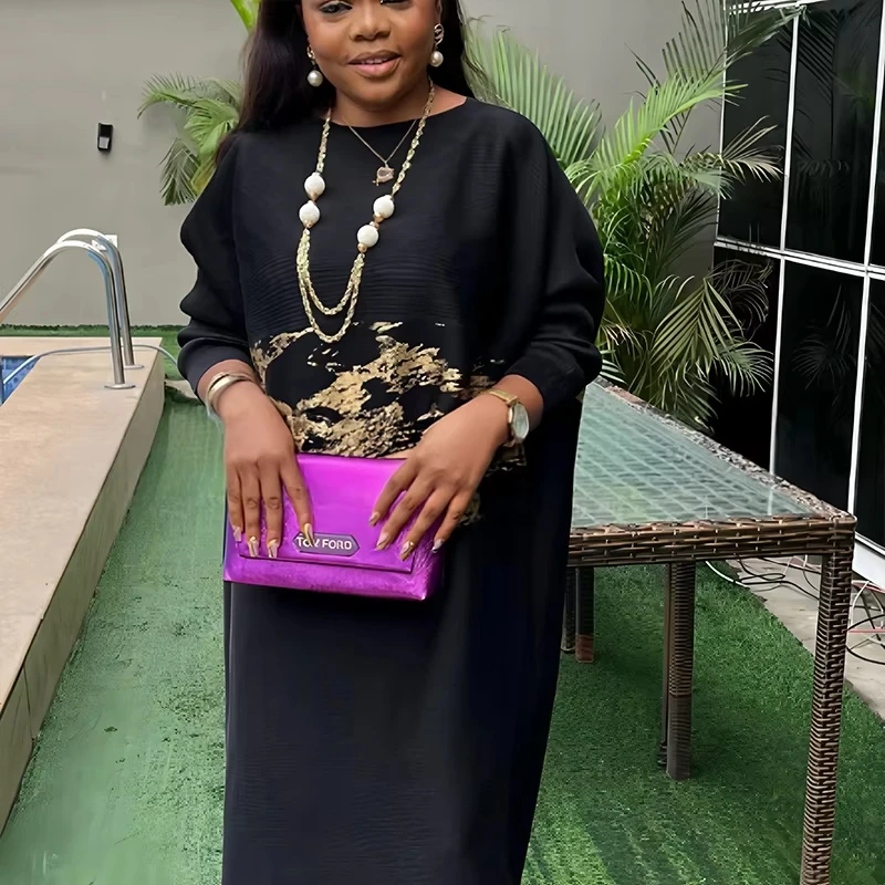 ANLA حجم كبير فستان مطوي المرأة الأفريقية حفلة موسيقية الملابس عادية فاخرة مساء حفلة مذهب فساتين أنثى موضة 2025 7AN5689 #2