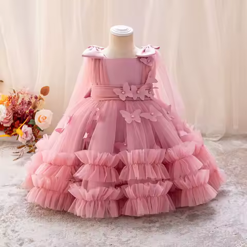Girls princess dress 1-5 Y baby Girls wedding sleeveless three-dimensional butterfly mesh carnival birthday party evening dress